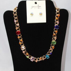 Jennifer Co. Gold Tone Chain with Multi-Color Stone Necklace and Earrings
